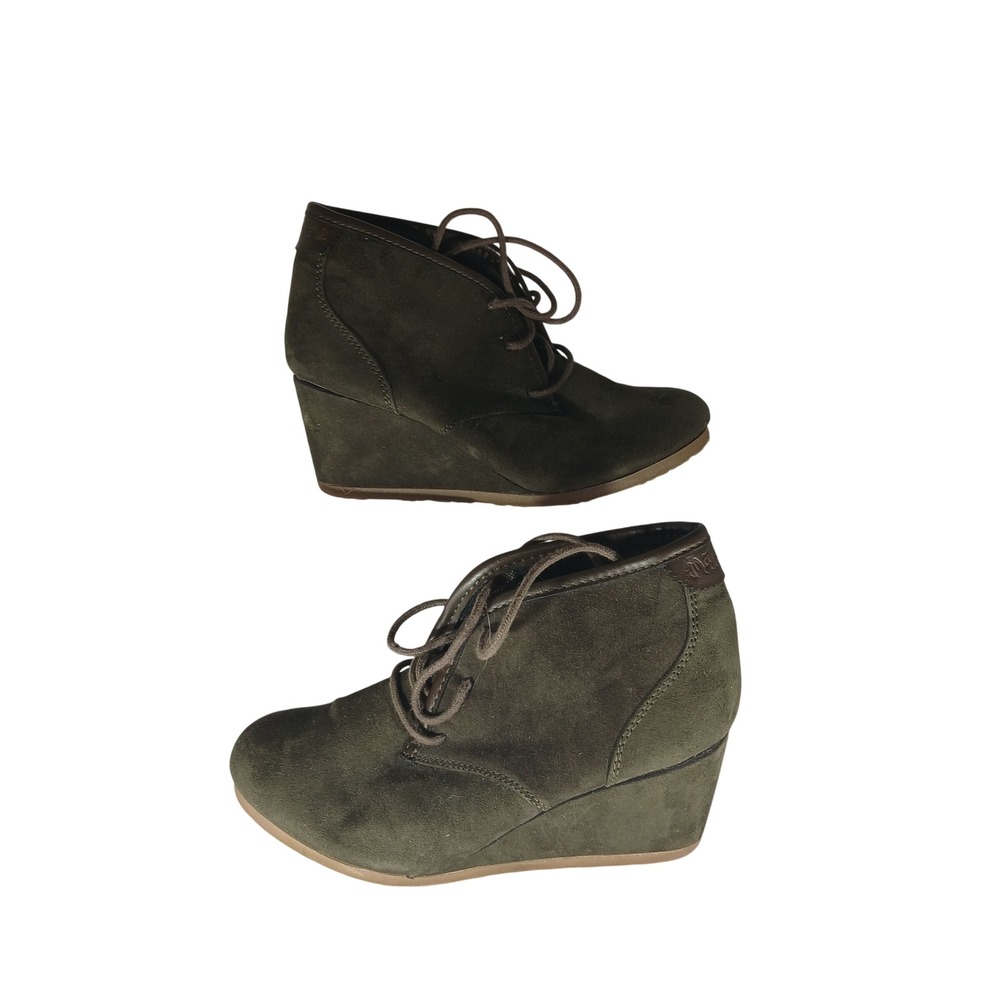 Mad Love Wedge Booties‎ 7 Olive Green Faux Suede Lace Up Boho Fall Ankle Boots